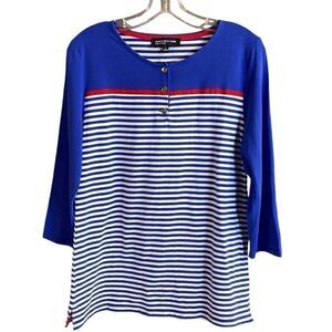 JONES NEW YORK Ladies Nautical Stripes Pullover Top Size Large Blue White Red